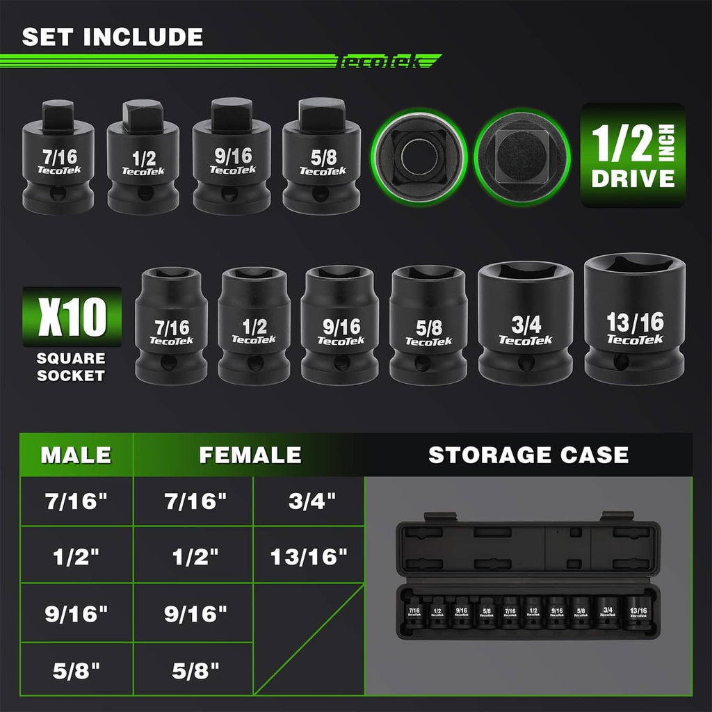 10-piece 1/2-inch drive square socket set layout showing socket sizes in the set