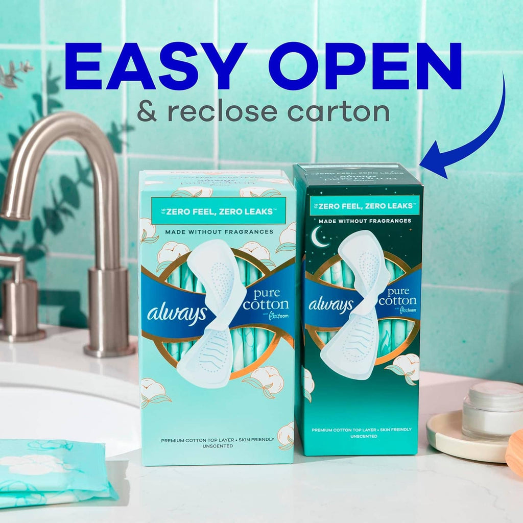 Feminine pads cartons on countertop with easy open and reclose feature
