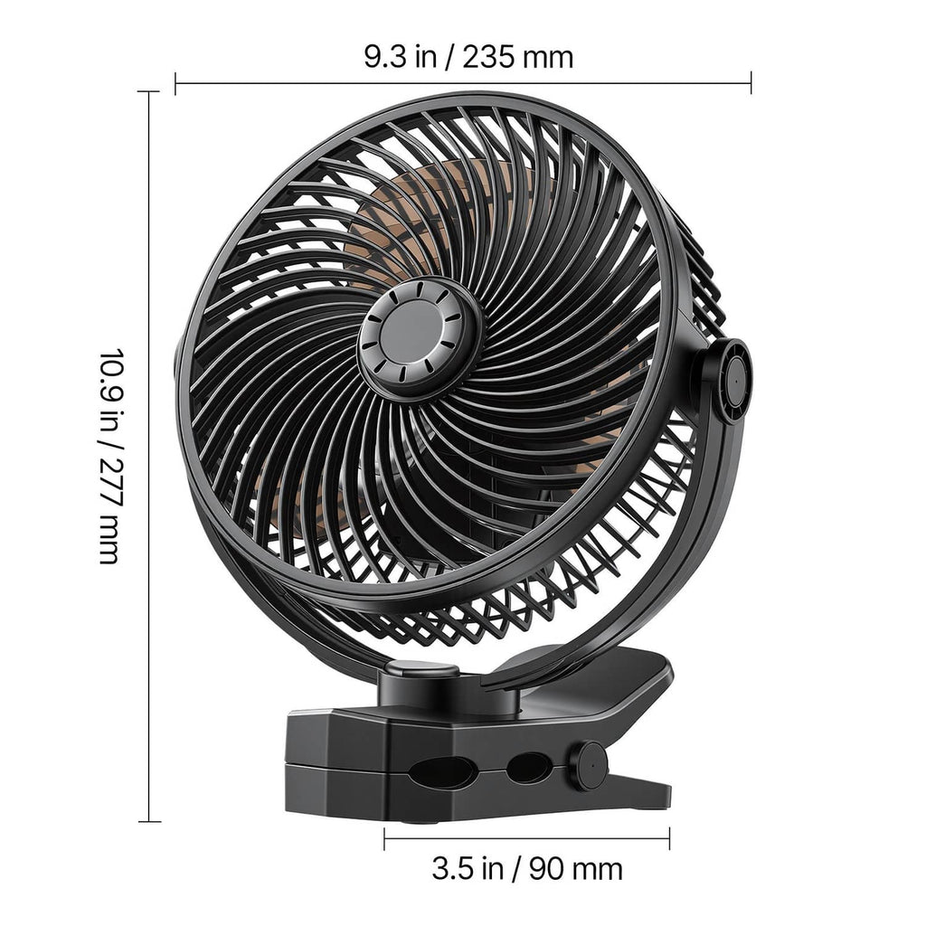 Black portable USB fan with circular grille and compact clamp base