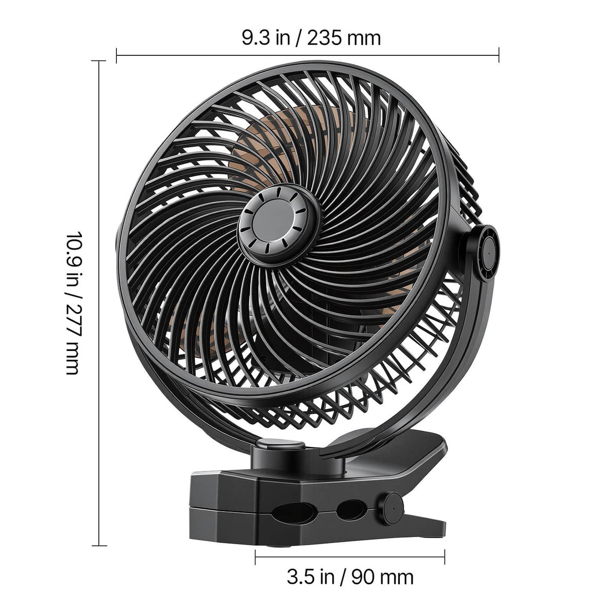Black portable USB fan with circular grille and compact clamp base