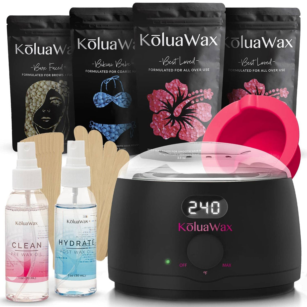 Complete KoluaWax waxing starter kit with wax warmer and 240°F display, sachets, oils, and spatulas