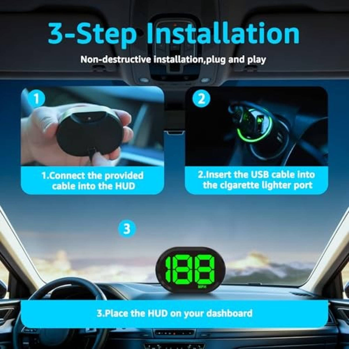 HUD speedometer installation steps shown with green LED 88 MPH display