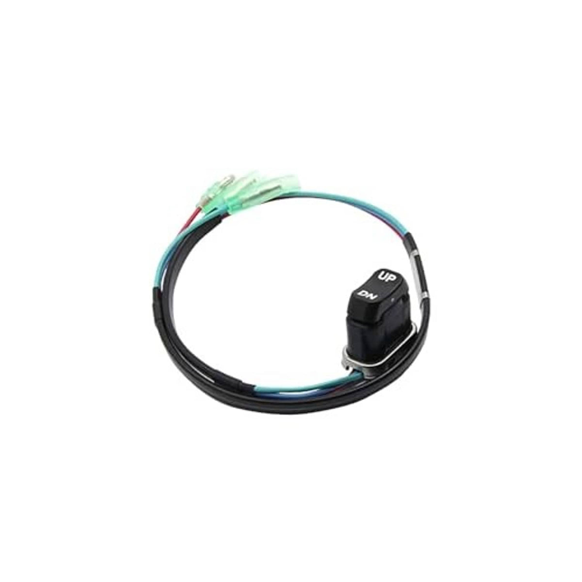 Outboard trim tilt switch harness with black rocker switch and multicolor wire bundle