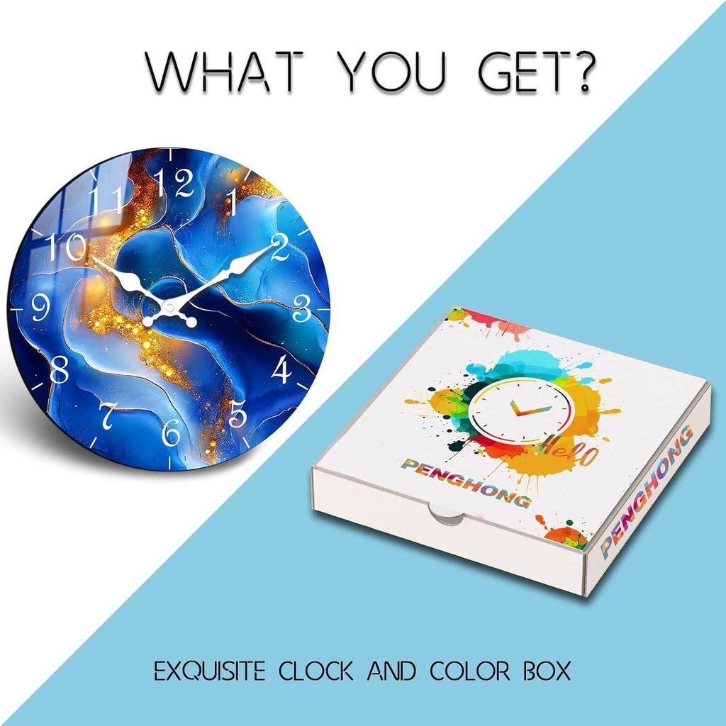 Blue marble round wall clock with white hands, gold accents, and bold numerals