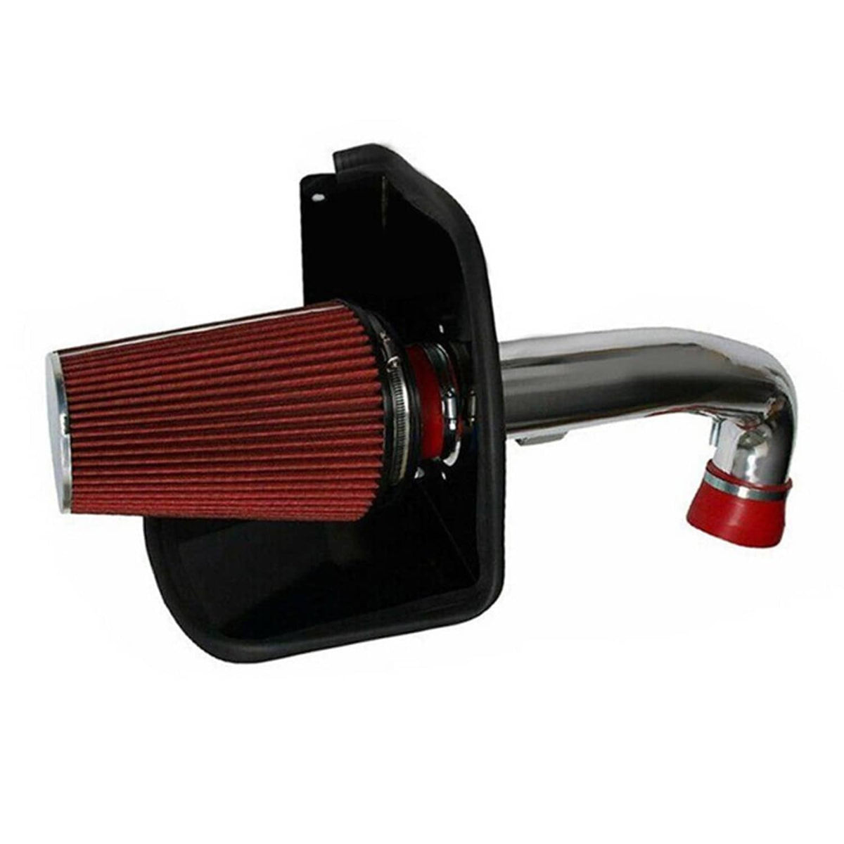Cold air intake filter assembly with red cone filter, black housing, and chrome elbow