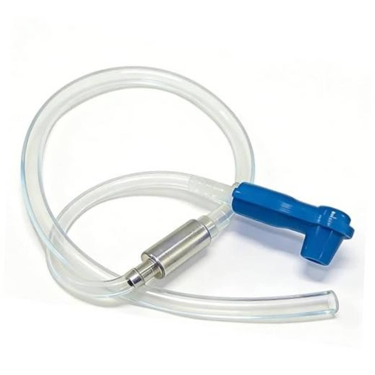 Universal brake bleeder kit with clear hose, blue one-way valve, metal adapter