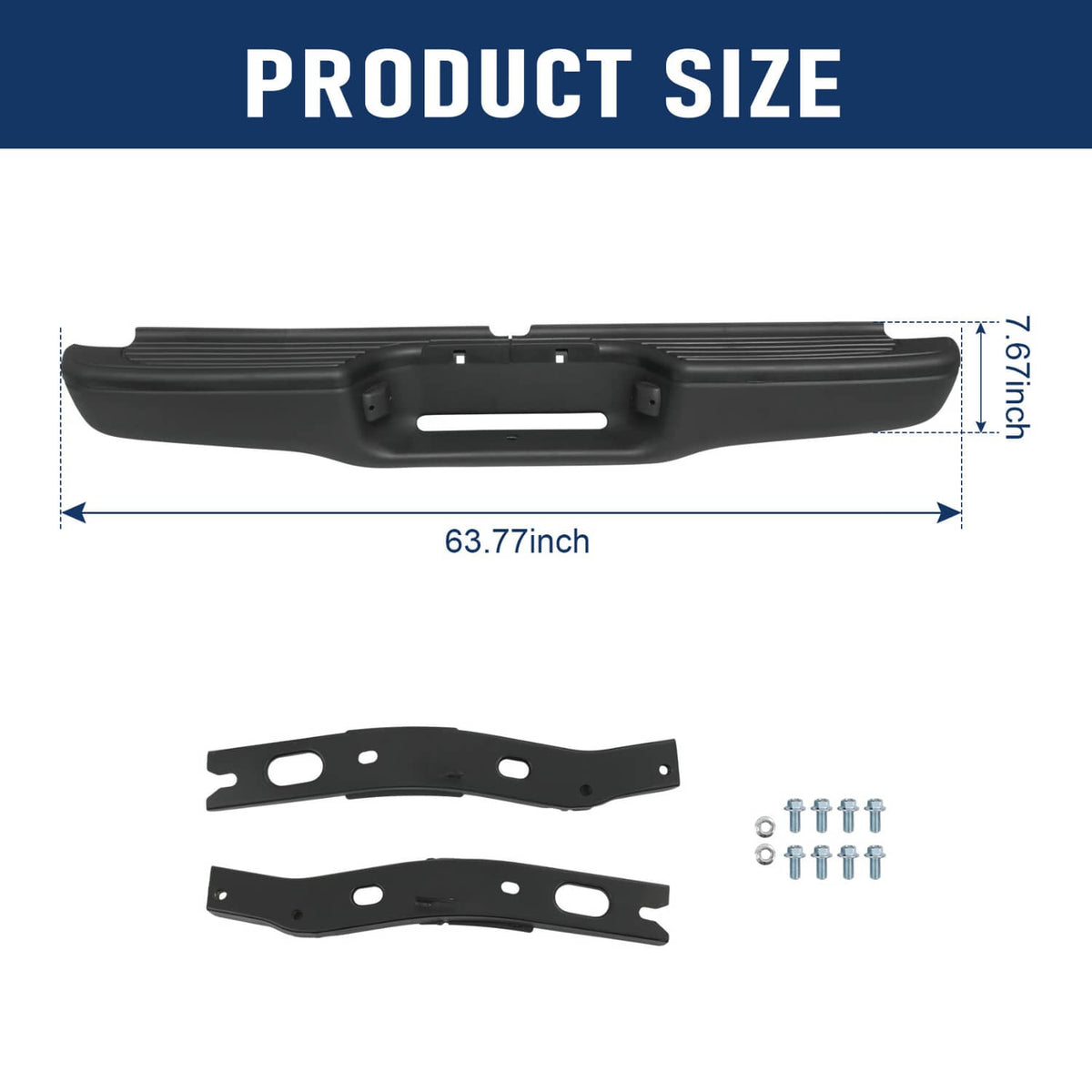 Black rear step bumper and two curved mounting brackets with bolt hardware
