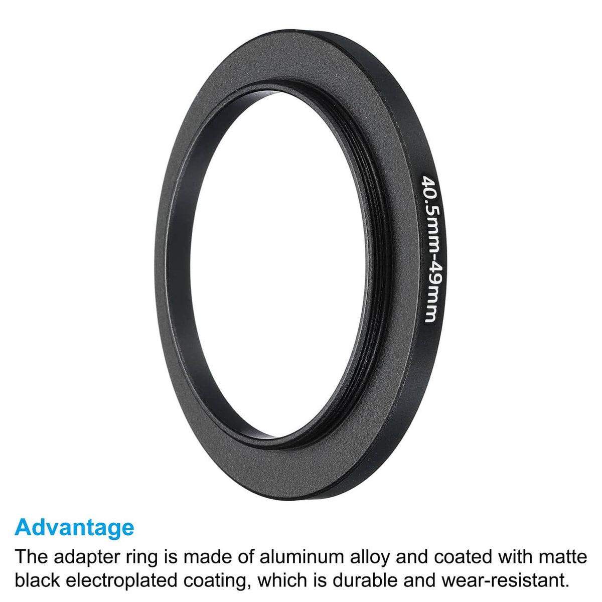 Matte black aluminum alloy step-up ring, 40.5mm to 49mm, durable electroplated finish