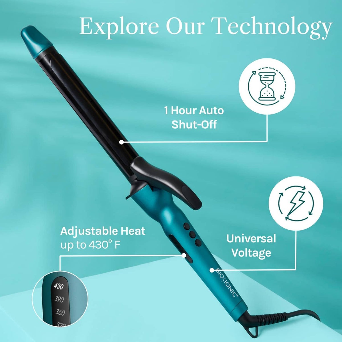 Teal and black long-barrel curling iron with adjustable heat control panel and cord.