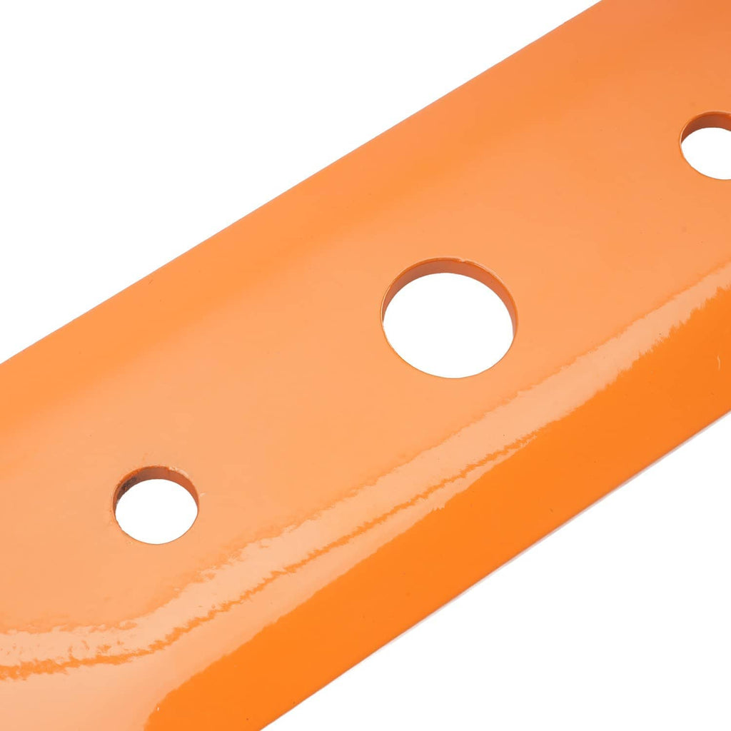 Close-up of orange deck blade with circular mounting holes and curved edge