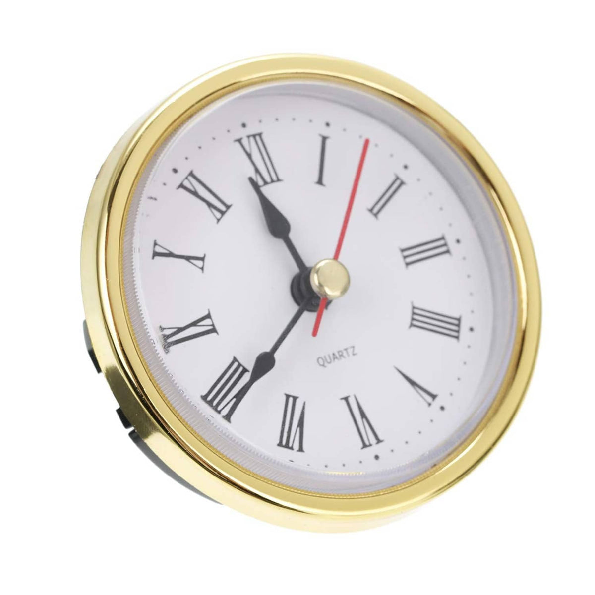 Gold round clock movement with Roman numeral dial, black minute/second hands, and quartz label
