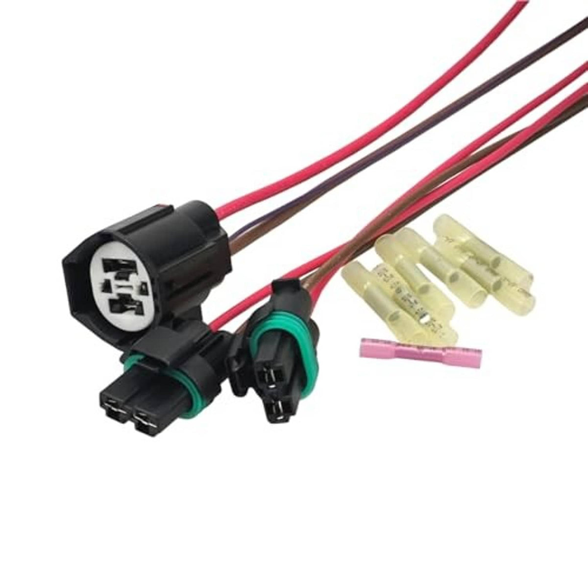 Cooling fan wire harness with Ford-style plugs and green-ring sockets, red wires
