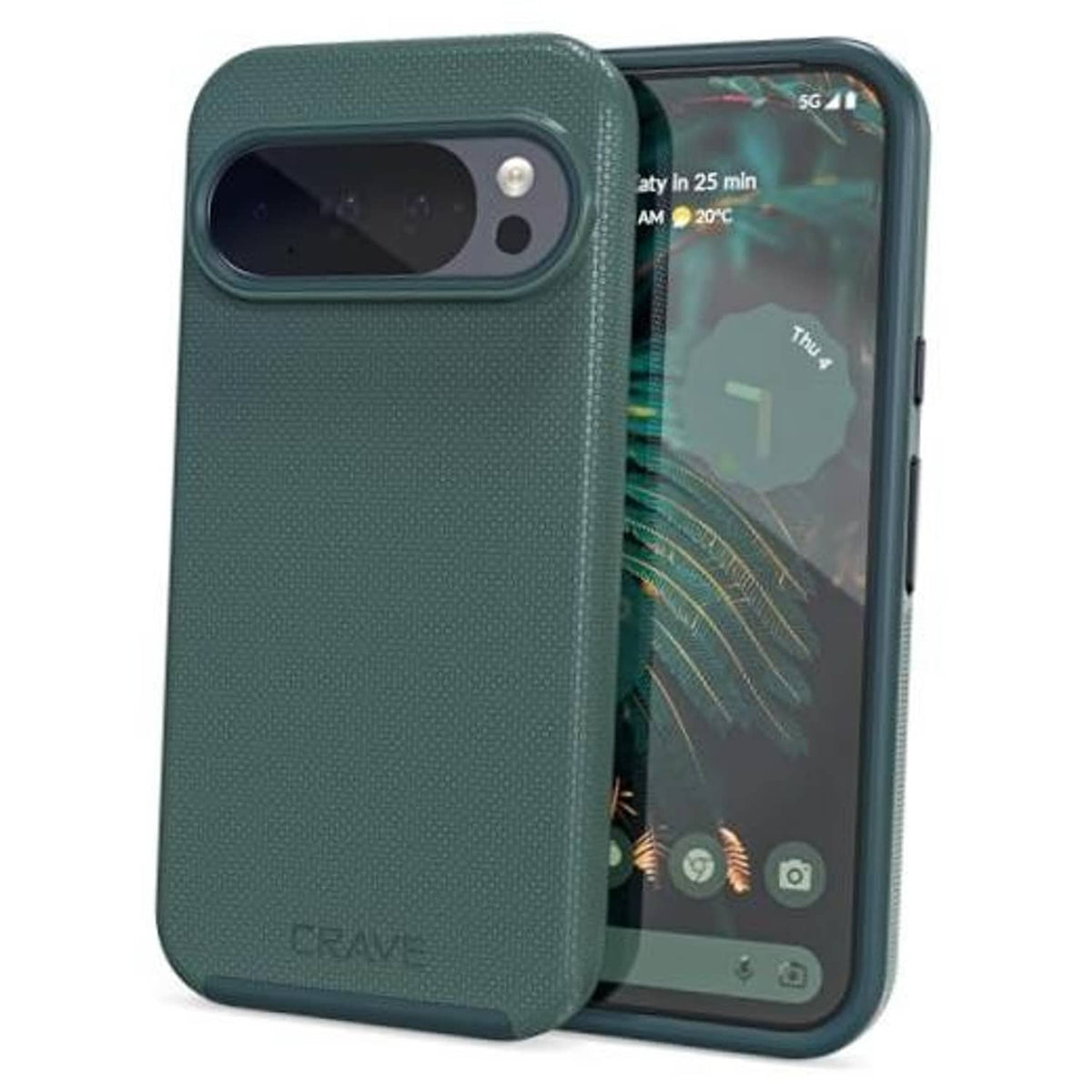 Forest green textured phone case with raised camera bezel and side button cutouts