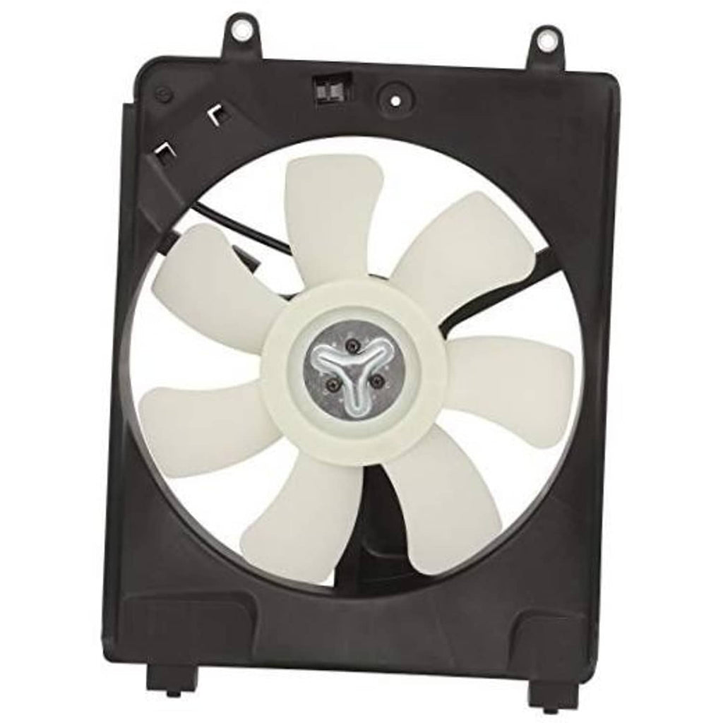 Black radiator cooling fan with white blades and circular motor hub
