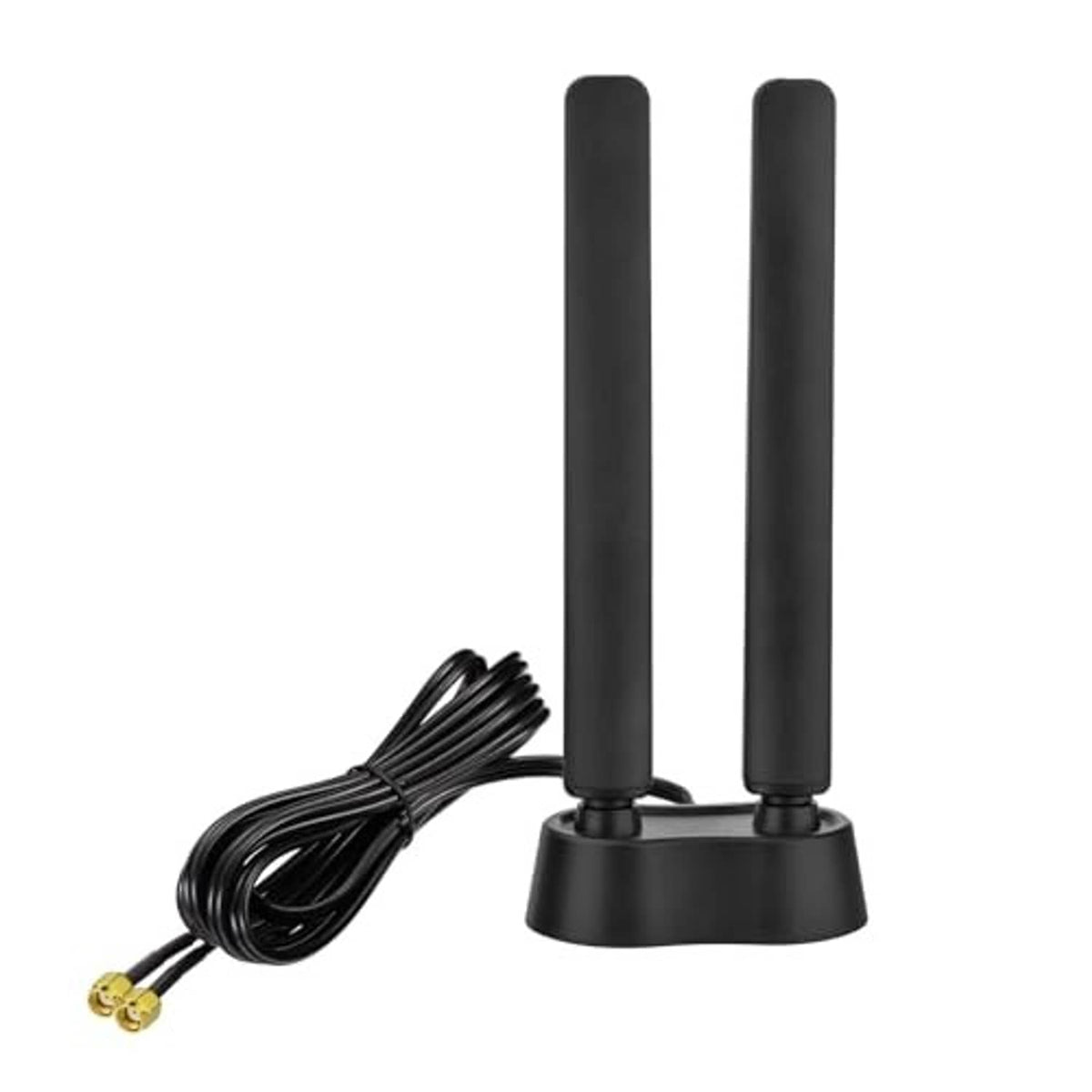 Tri-band magnetic WiFi 6E antenna set with two black antennas and black coax cable
