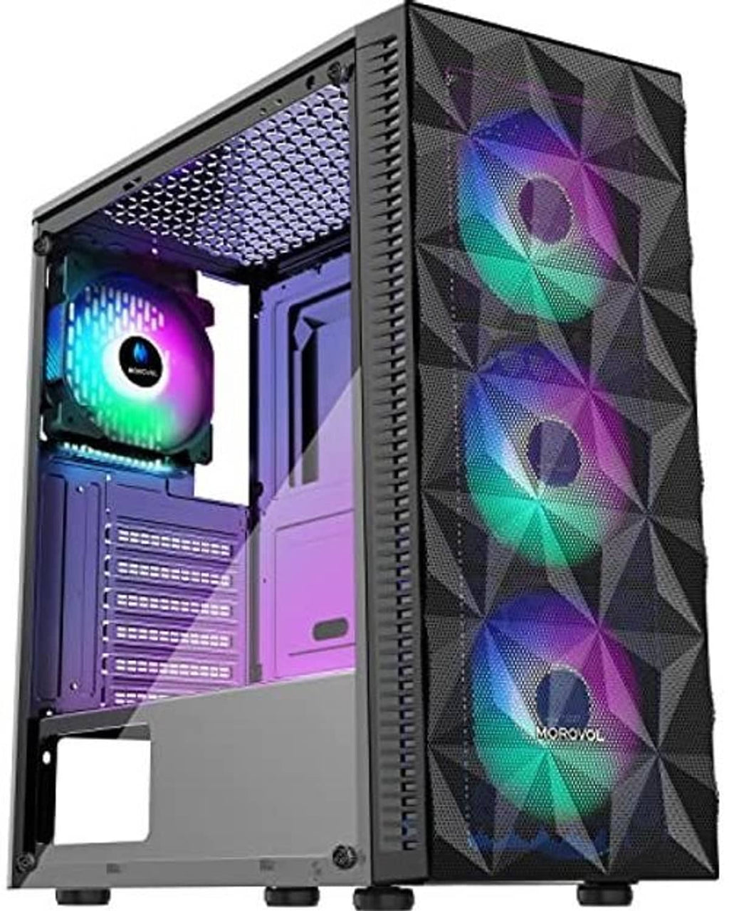ATX PC case with RGB center fans and faceted side panel, side window view