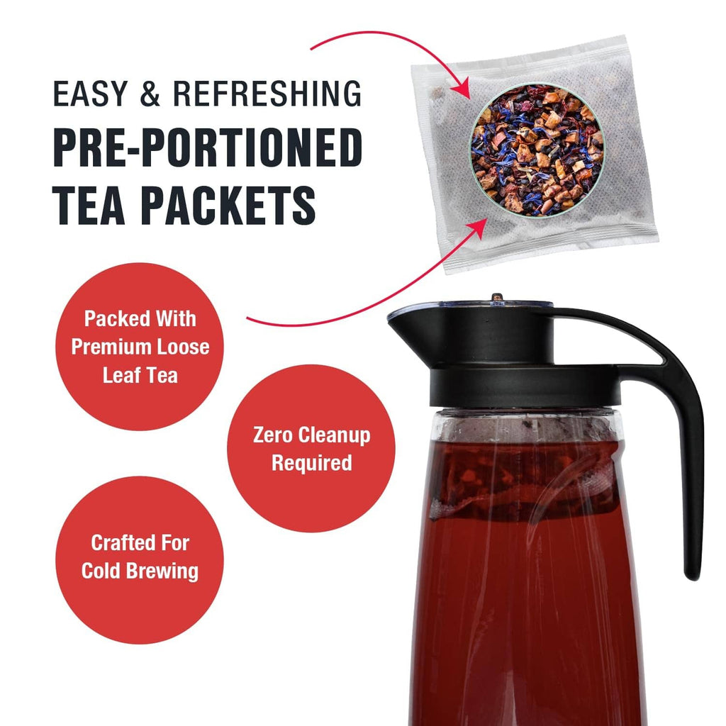 Pre-portioned cold brew tea sachets with black tea brewer and steeped pitcher