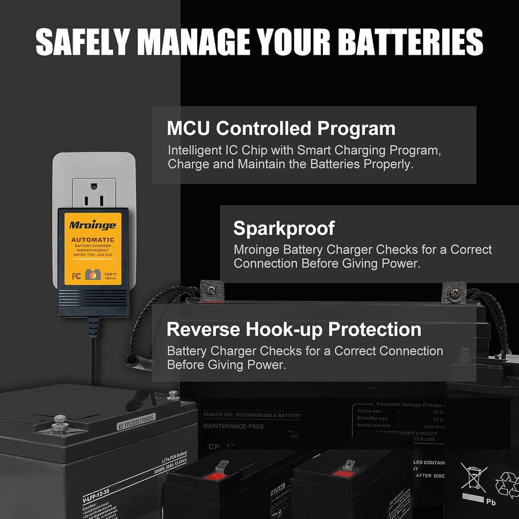 Battery charger with connected harness and ring terminal leads on a battery setup.