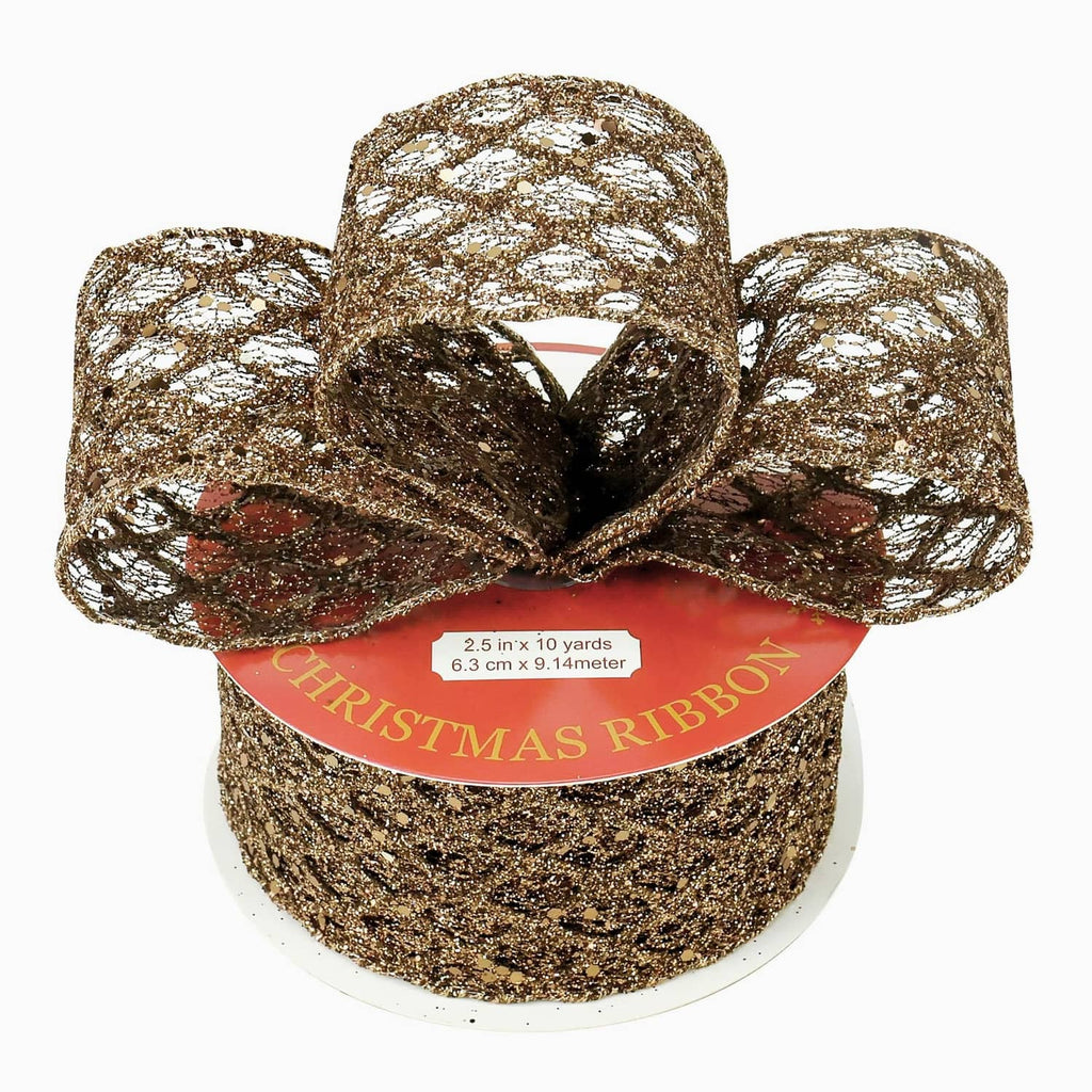 Brown Christmas ribbon roll with sparkly glitter wired ribbon on spool