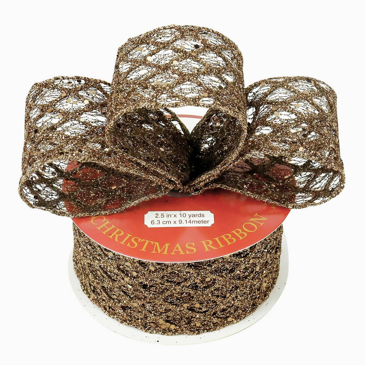 Brown Christmas ribbon roll with sparkly glitter wired ribbon on spool