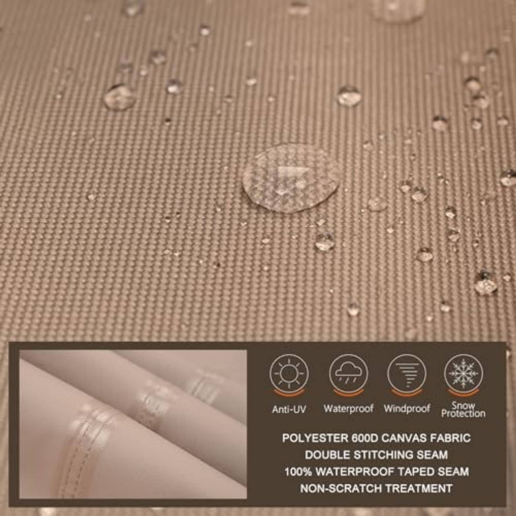 Water-repellent patio umbrella cover fabric with visible droplets; 600D canvas weave texture.