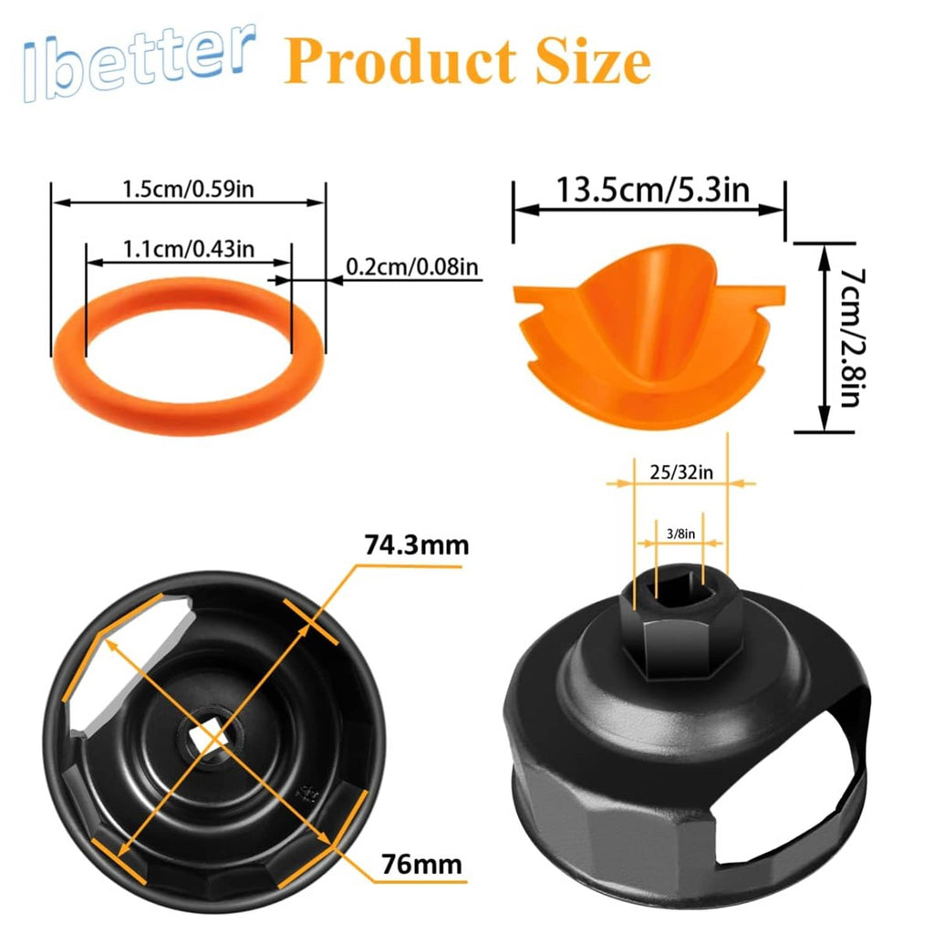 Orange seal ring and black oil filter cap wrench head shown with size markings