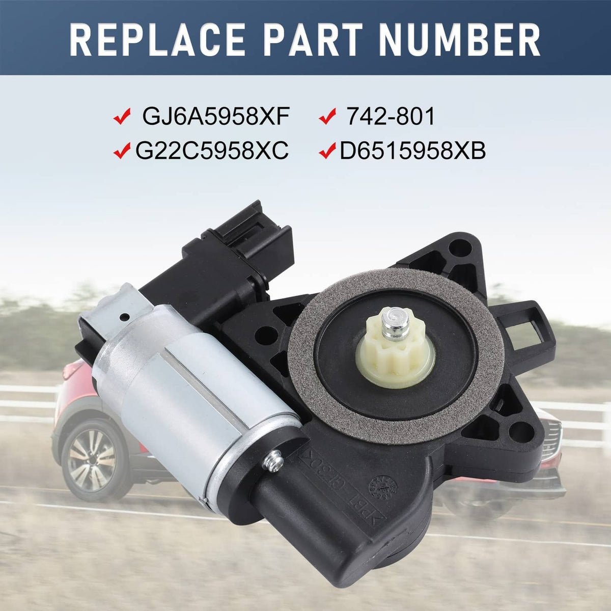 Power window lift regulator motor, black housing with gear cover and white drive bushing