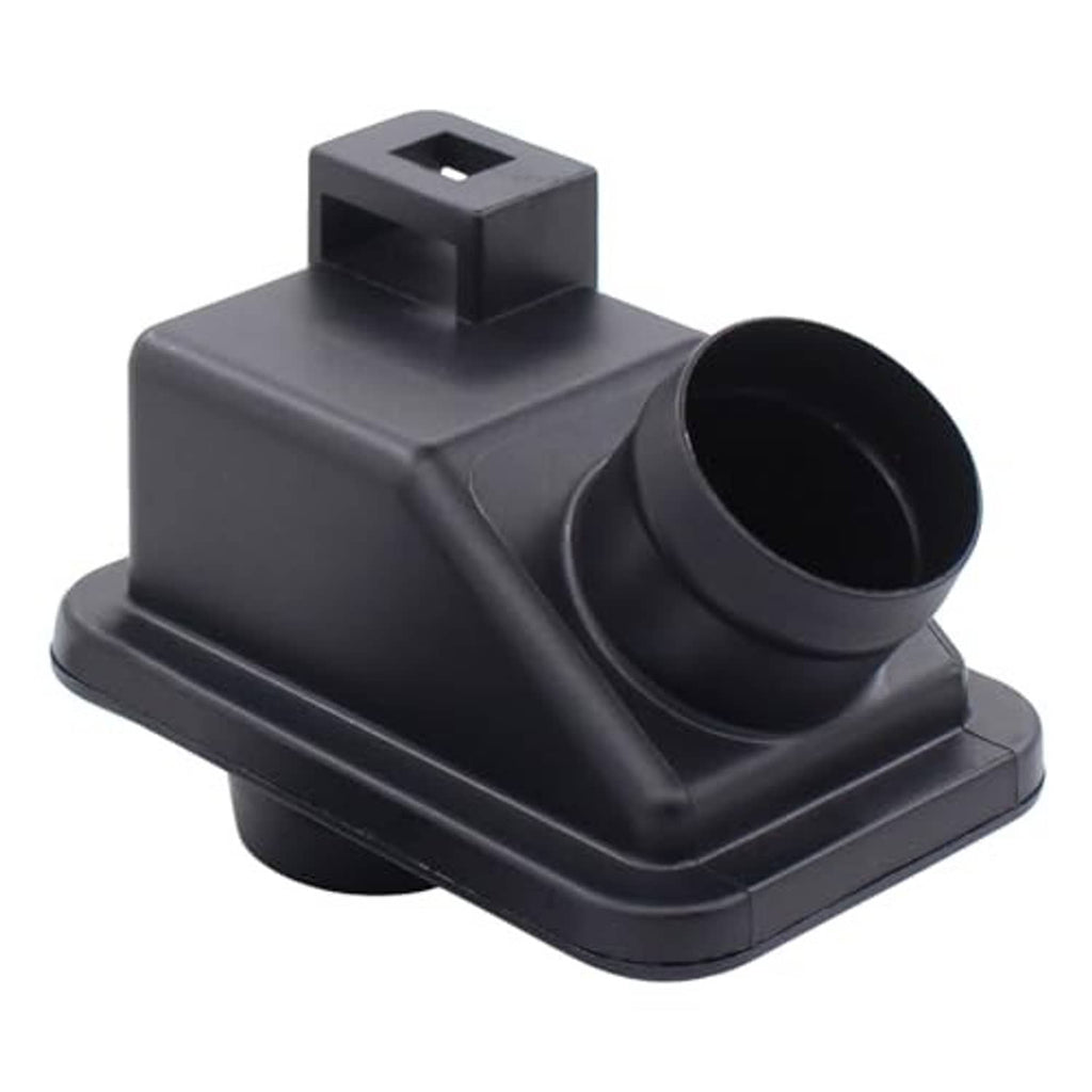 Black engine air intake chamber cover with rectangular mounting block and round hose port.