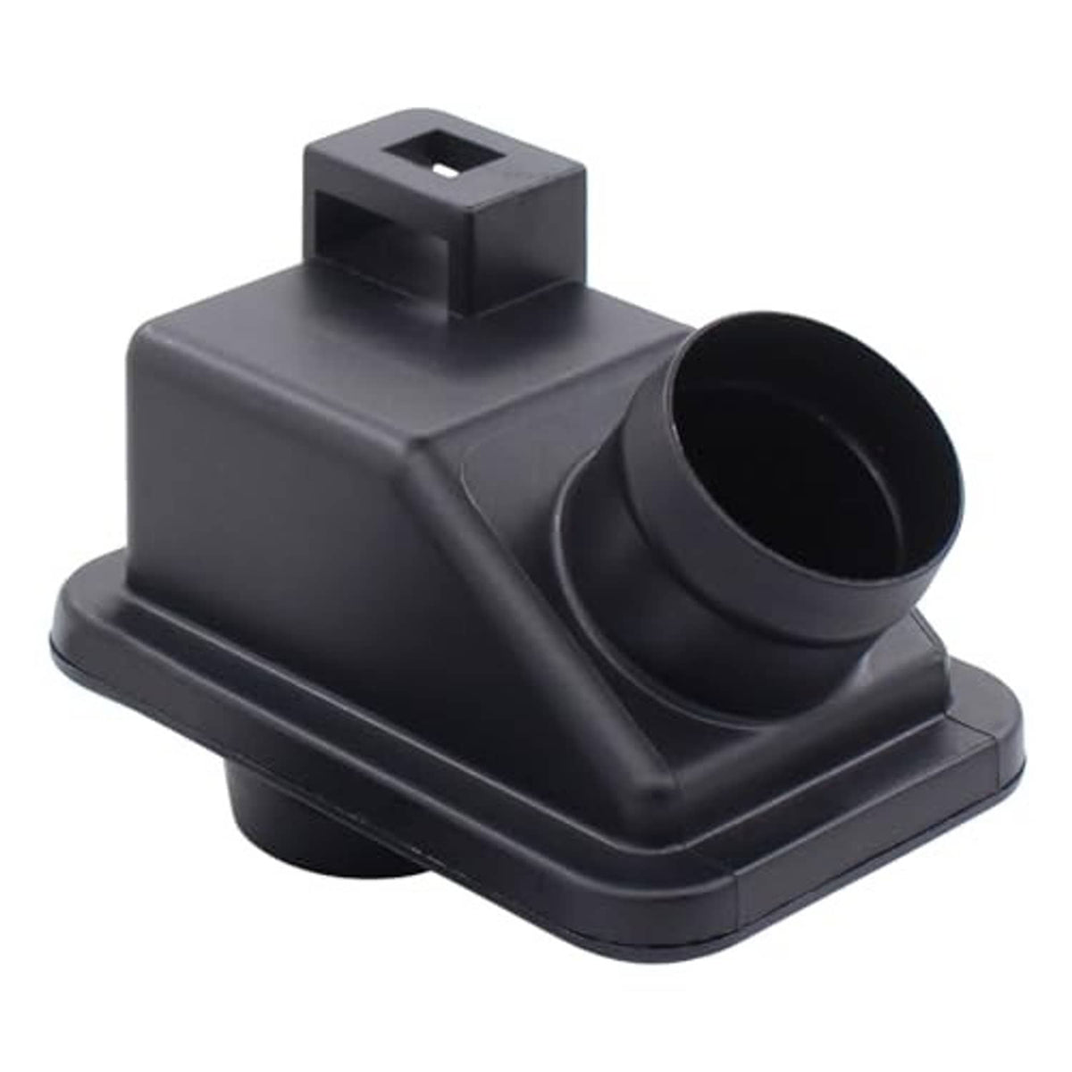 Black engine air intake chamber cover with rectangular mounting block and round hose port.