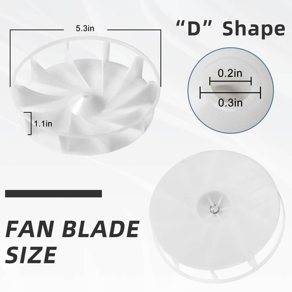 White exhaust fan blade with rim, shown with size measurements and D-shaped detail
