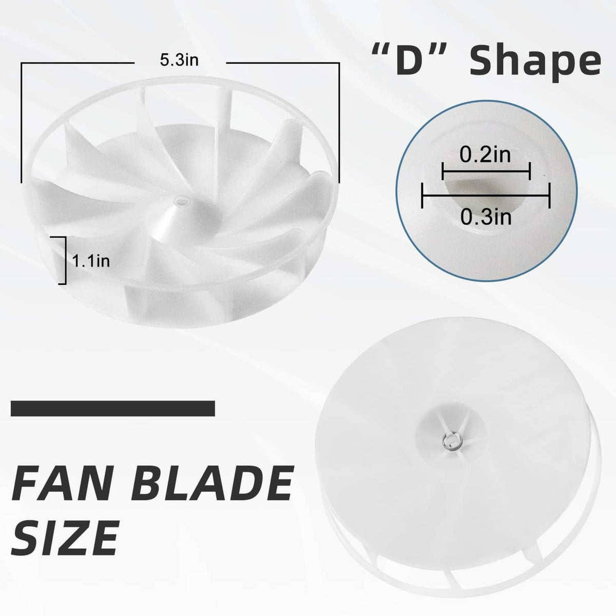 White exhaust fan blade with rim, shown with size measurements and D-shaped detail
