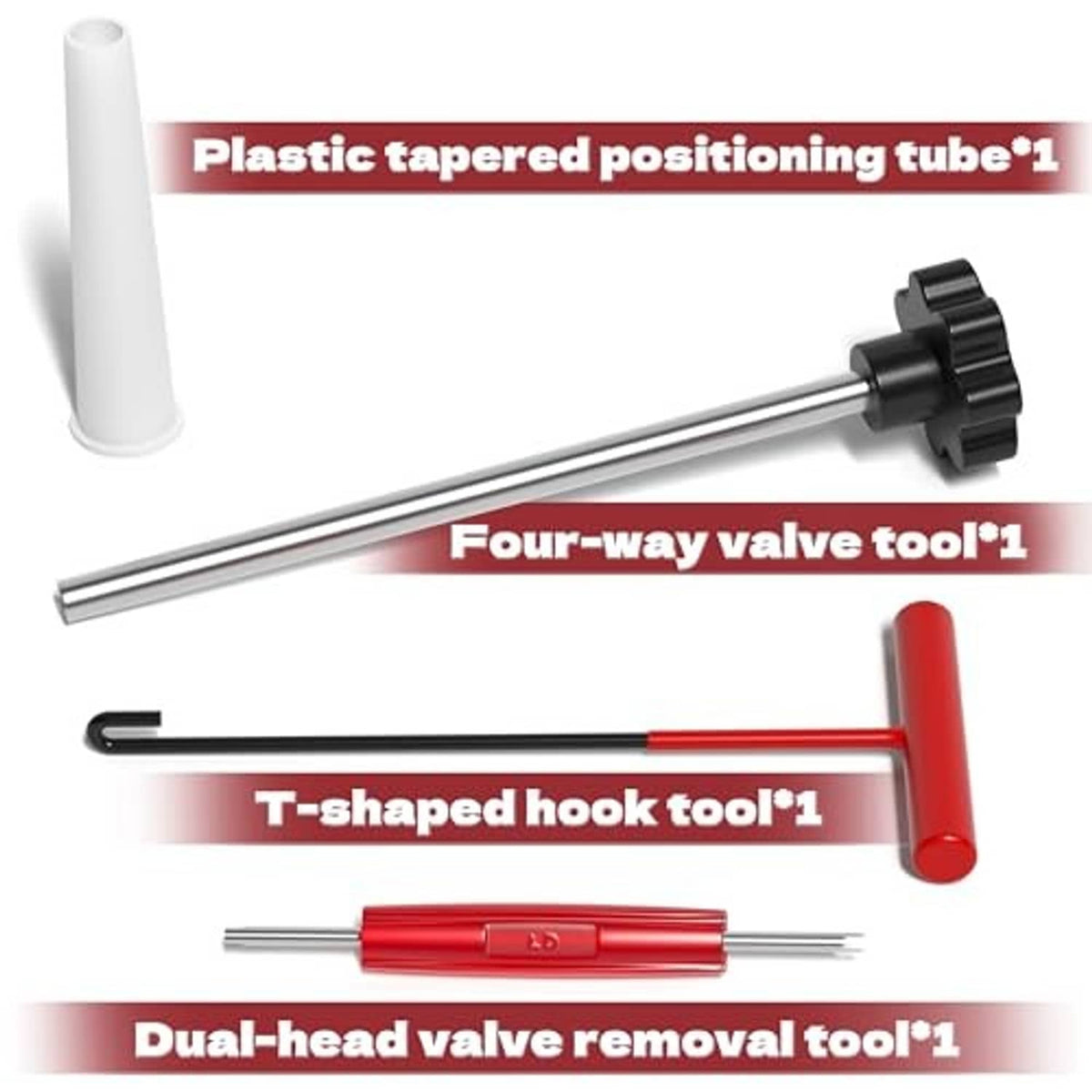 Tire valve tool set with four-way tool, T-shaped hook, and dual-head remover