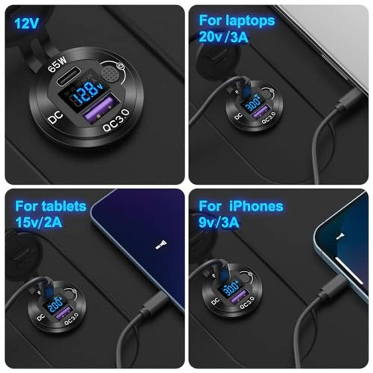 Black 12V car USB charger with QC3.0 LED display and charging cable