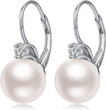Sterling silver pearl leverback earrings with round white pearl and small clear crystal