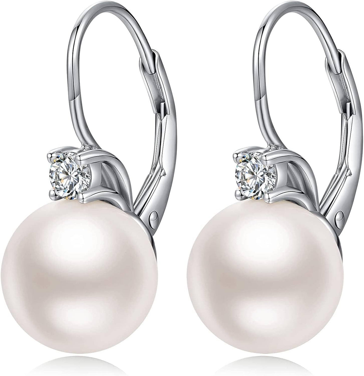 Sterling silver pearl leverback earrings with round white pearl and small clear crystal