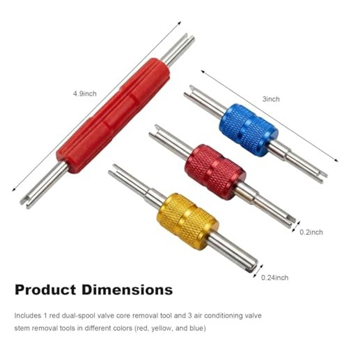 A/C valve core remover tools with red handle and blue, red, gold dual-head ends