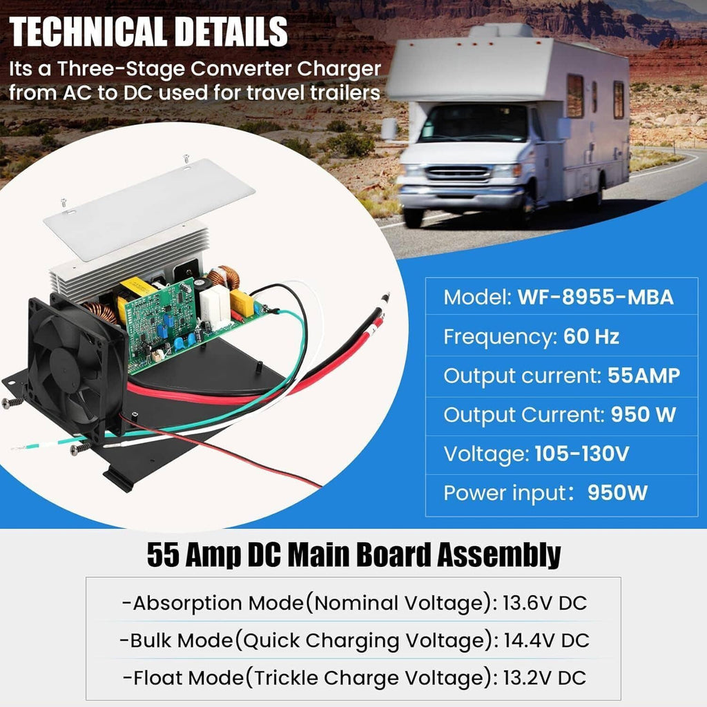 RV power converter with open housing, green PCB, and copper coil components visible.