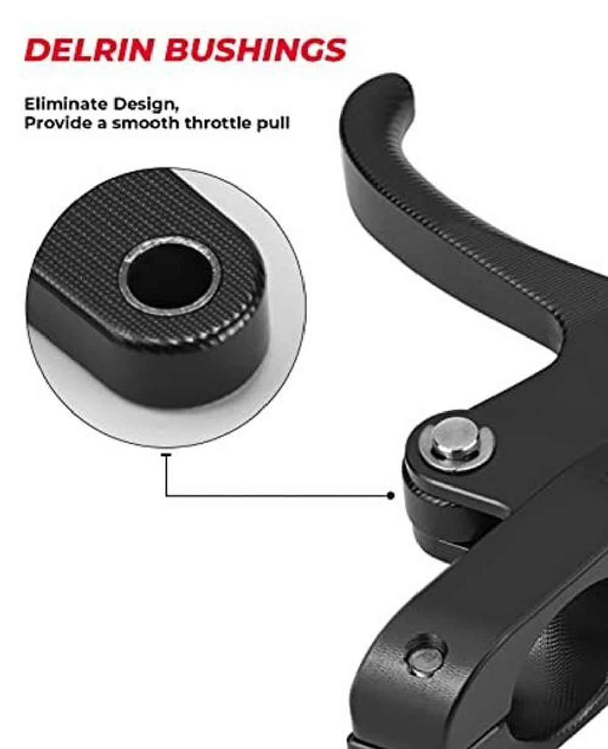 Black throttle lever with textured bushing detail and mounting hardware screw