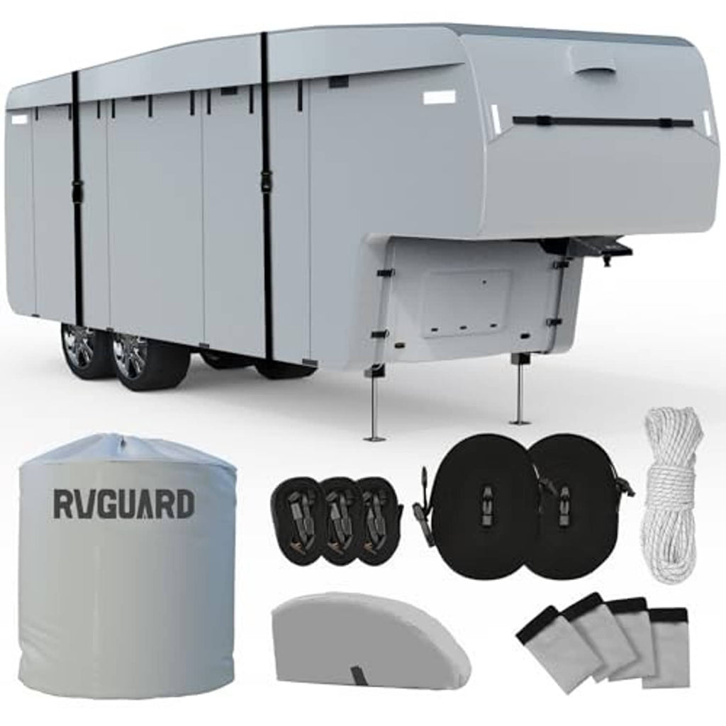 5th wheel RV cover with included storage bag, strap set, and tie-down accessories