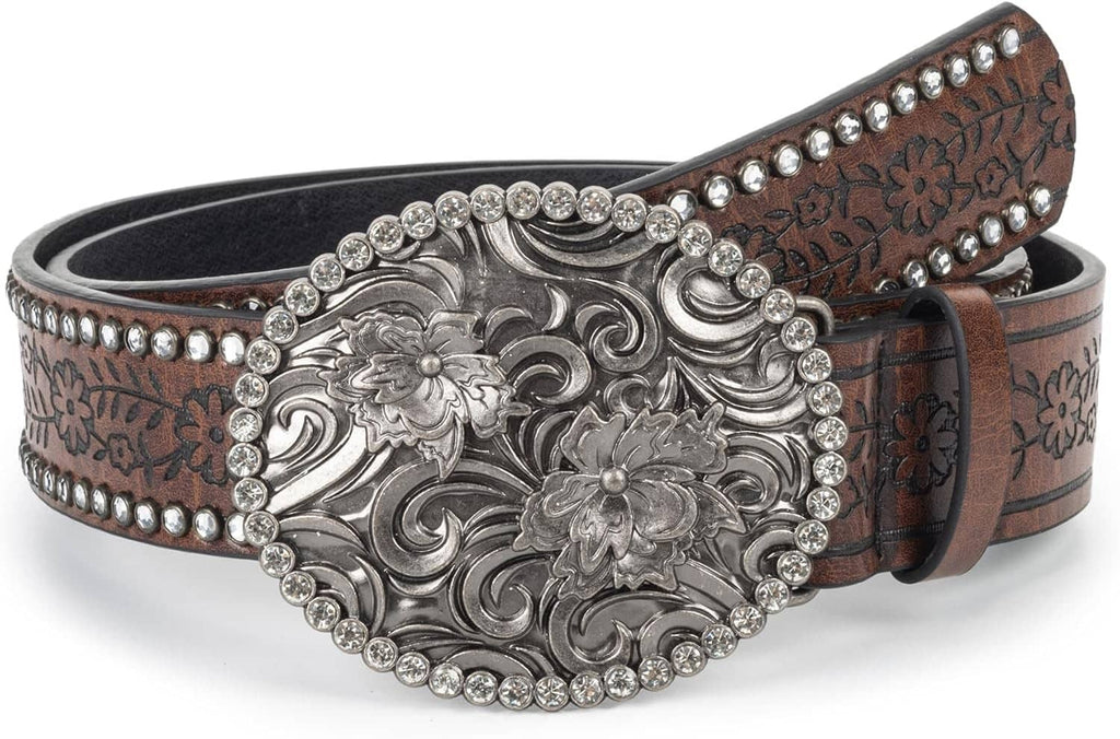 Brown rhinestone-studded leather belt with ornate silver floral buckle, front view