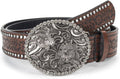 Brown rhinestone-studded leather belt with ornate silver floral buckle, front view