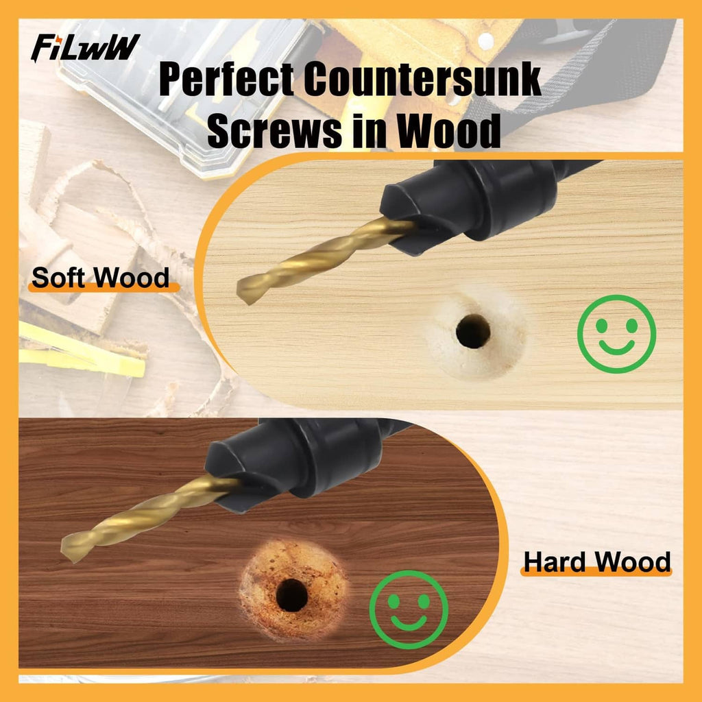 Countersink drill bit with gold spiral flute and black holder for wood countersinking