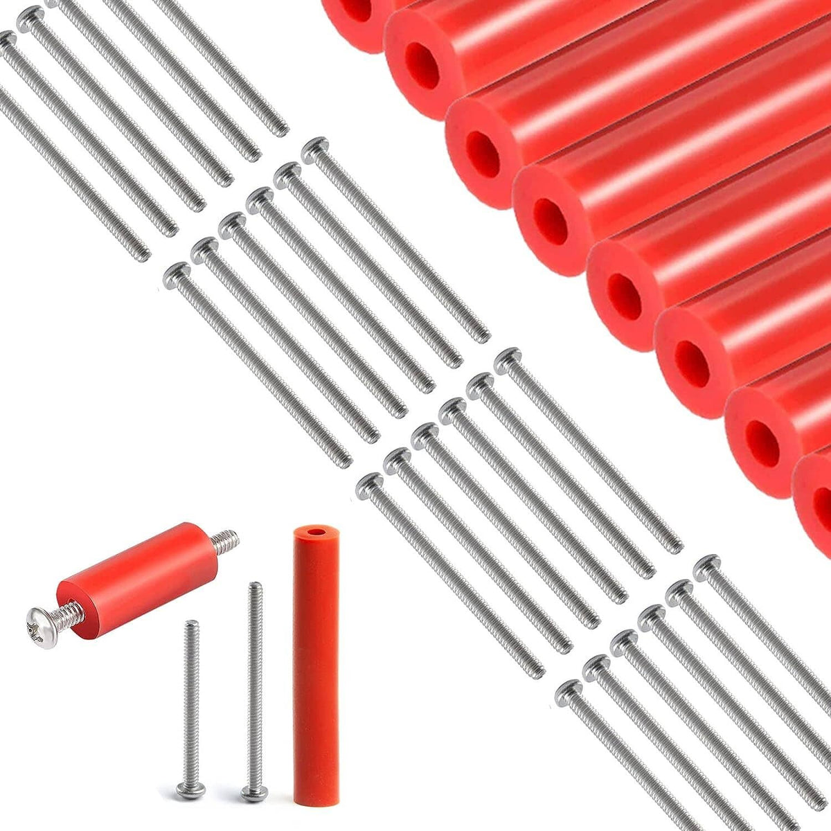 Outlet extender kit with red nonconductive spacers and long stainless screws