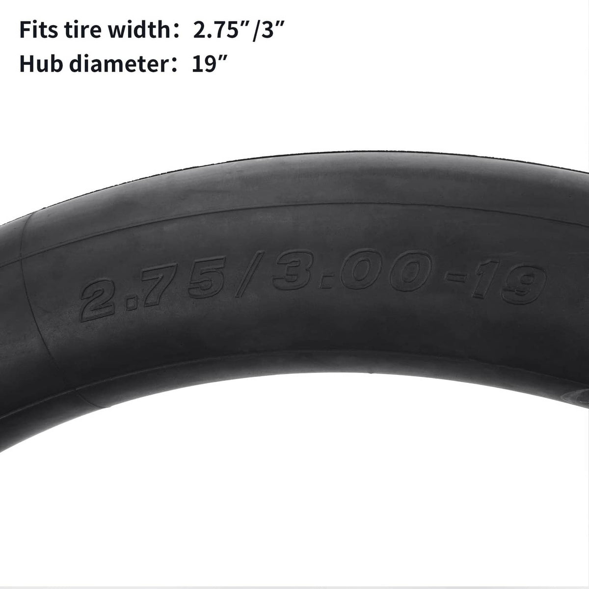 Black inner tube with embossed 2.75/3.00-19 marking and blue rim stripe