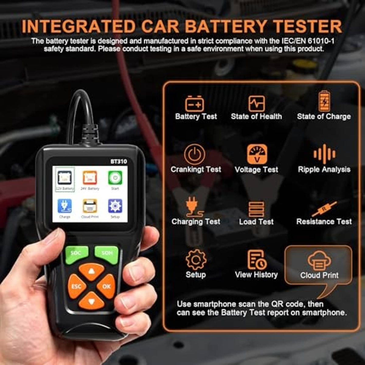 Handheld battery tester in use, showing battery test and load test menu on screen.