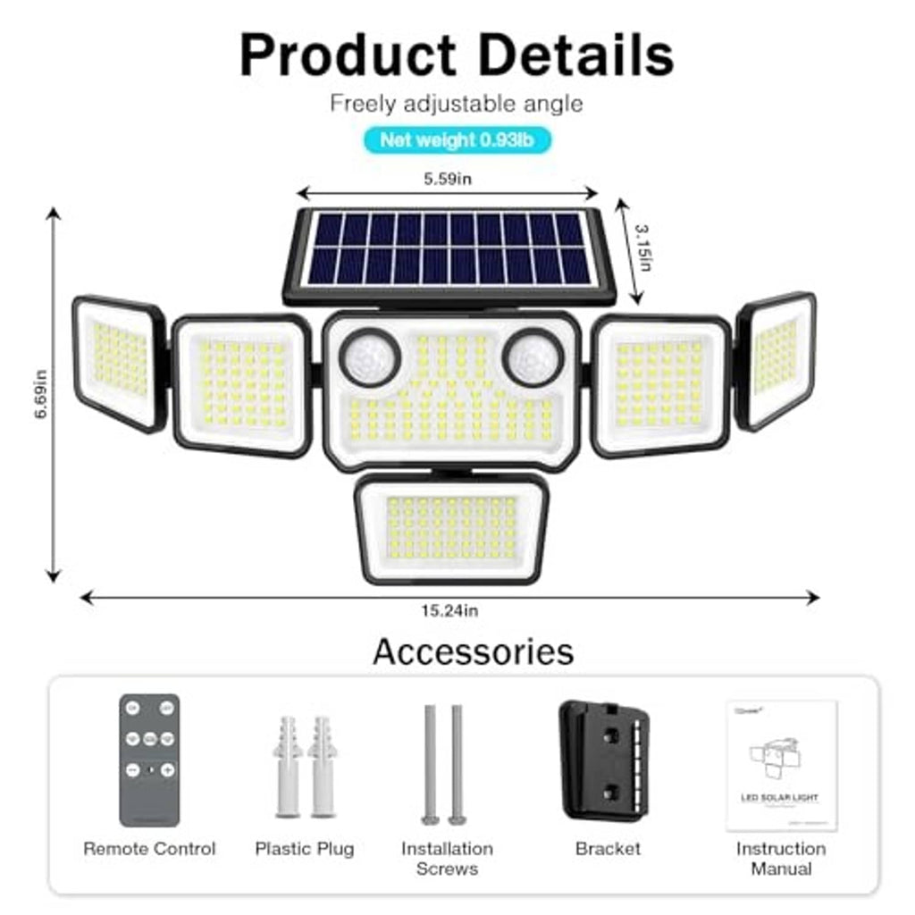 6-head solar floodlight with solar panel, adjustable heads, and included accessories