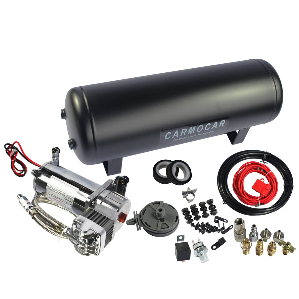 Air compressor and tank kit with braided hose, red wiring, and mounting brackets