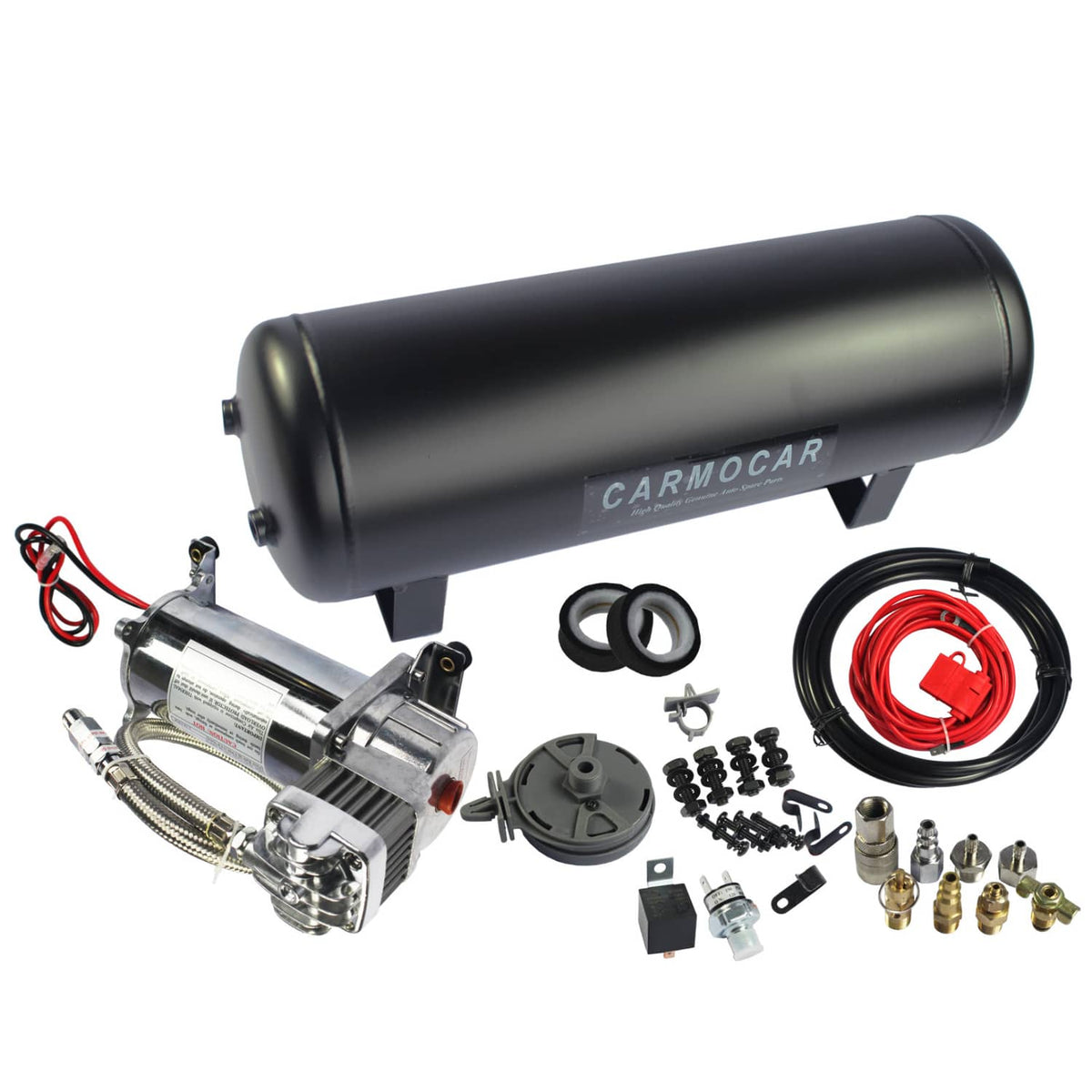 Air compressor and tank kit with braided hose, red wiring, and mounting brackets