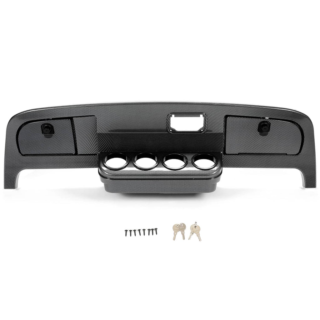 Dark gray carbon-fiber dash cover with four round cutouts and center mounting base