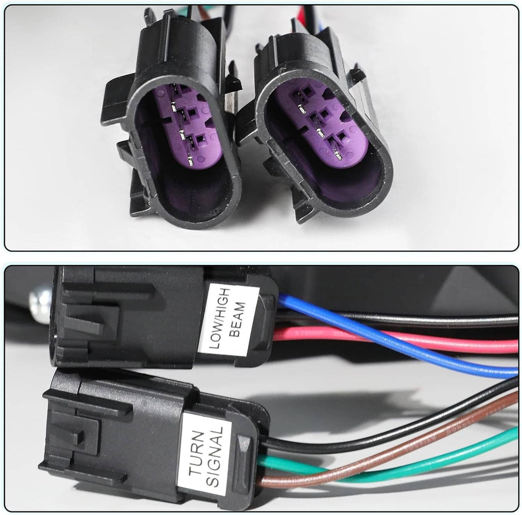 Headlight wiring connectors with purple sockets and multi-color wire terminals